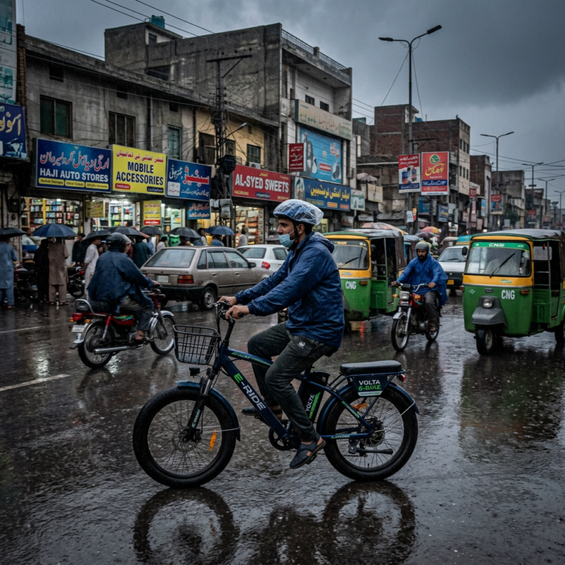 Man wearing helmet and face mask riding an electric bicycle on a wet street with motorcycles and green auto rickshaws