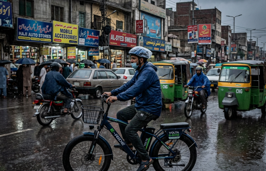 Man wearing helmet and face mask riding an electric bicycle on a wet street with motorcycles and green auto rickshaws
