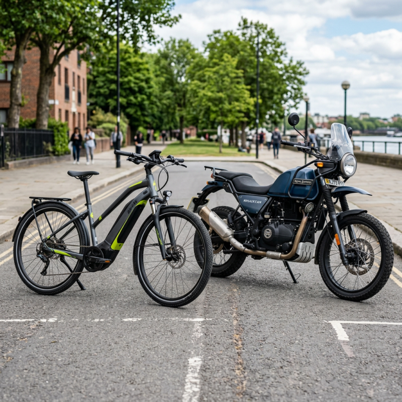 Electric bicycle and Royal Enfield Himalayan motorcycle parked side by side on street