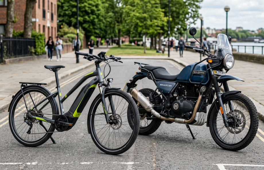 Electric bicycle and Royal Enfield Himalayan motorcycle parked side by side on street