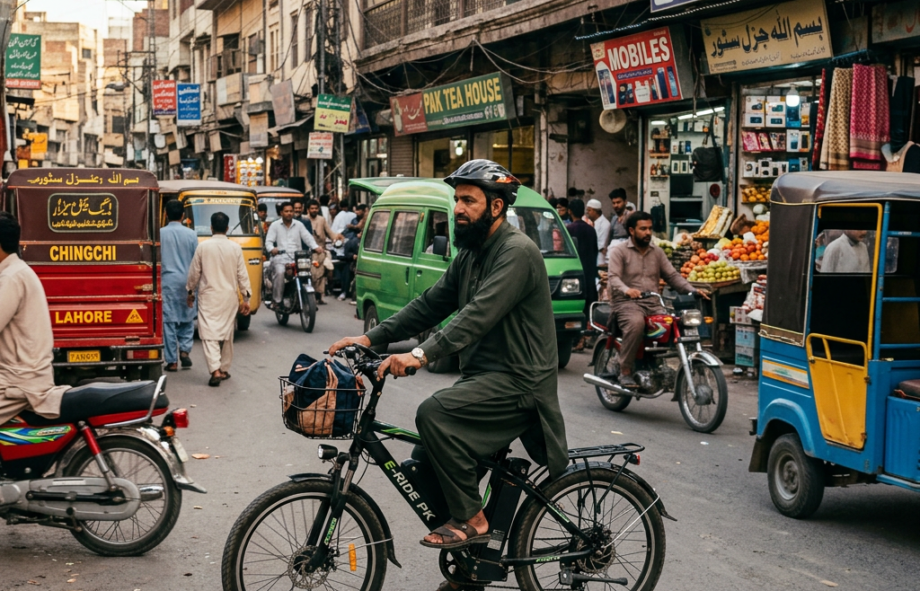 Man wearing helmet riding bicycle through crowded street with vehicles and pedestrians.